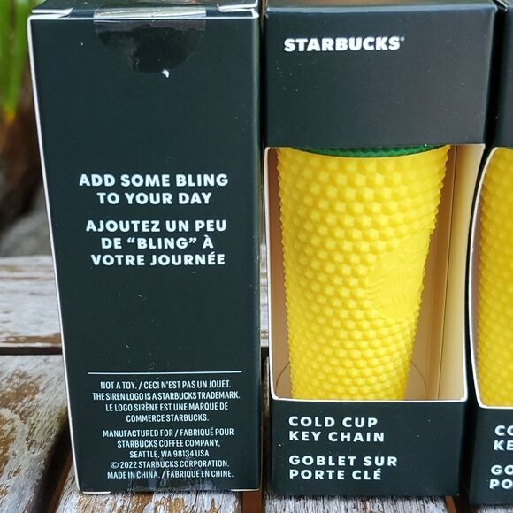 Starbucks Pineapple Yellow Studded Cold Cup Tumbler Hawaii Key Chain Set of 4 - Picture 2 of 2